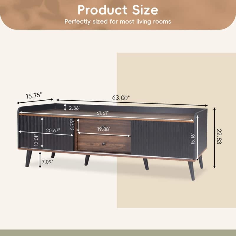 Mid Century TV Stand with 2 Cabinets& Open Compartments, for TVs up to 70"