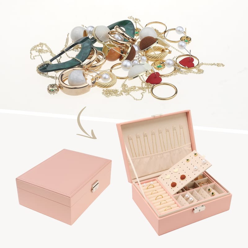 2 Layer Jewelry Box for Girl Women Birthday Gifts, PU Leather Jewelry Organizer Case Storage with Drawer, Removable Jewelry Tray - Pink