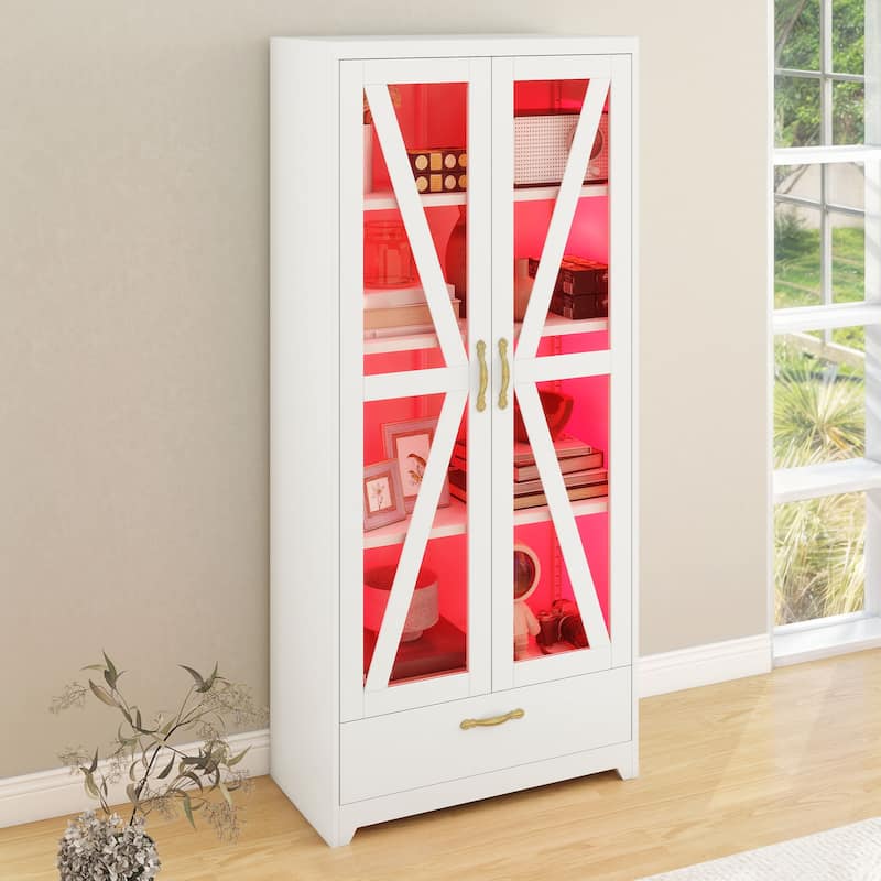 Moasis Metal Bookcase Display Cabinet with Adjustable Shelves & Drawer - White