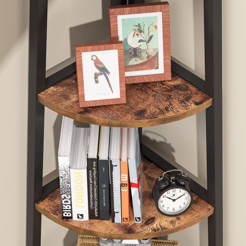 Brown/ Black Corner Ladder Shelf,5 Tier Corner Bookshelf Bookcase, White/ Gold 70 Inch Tall Display Rack for Small Space