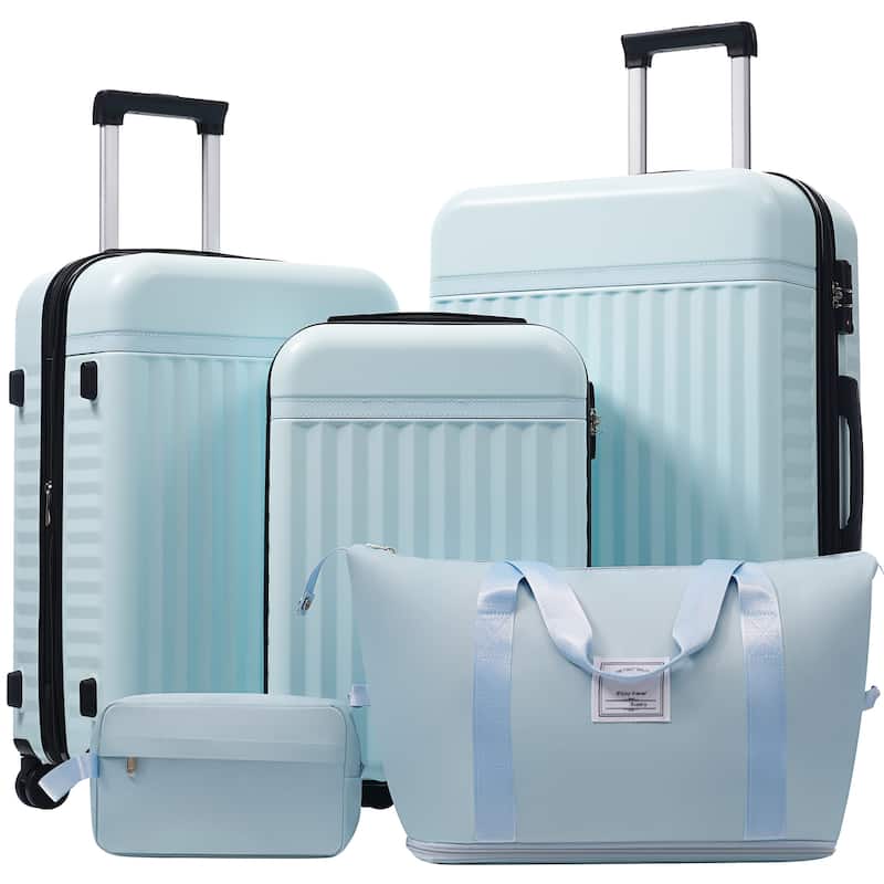 5-Piece Modern Hard-Shell Luggage Expandable Luggage with Spinner Wheels and TSA Lock, for Boarding Travel, Light Blue - Blue