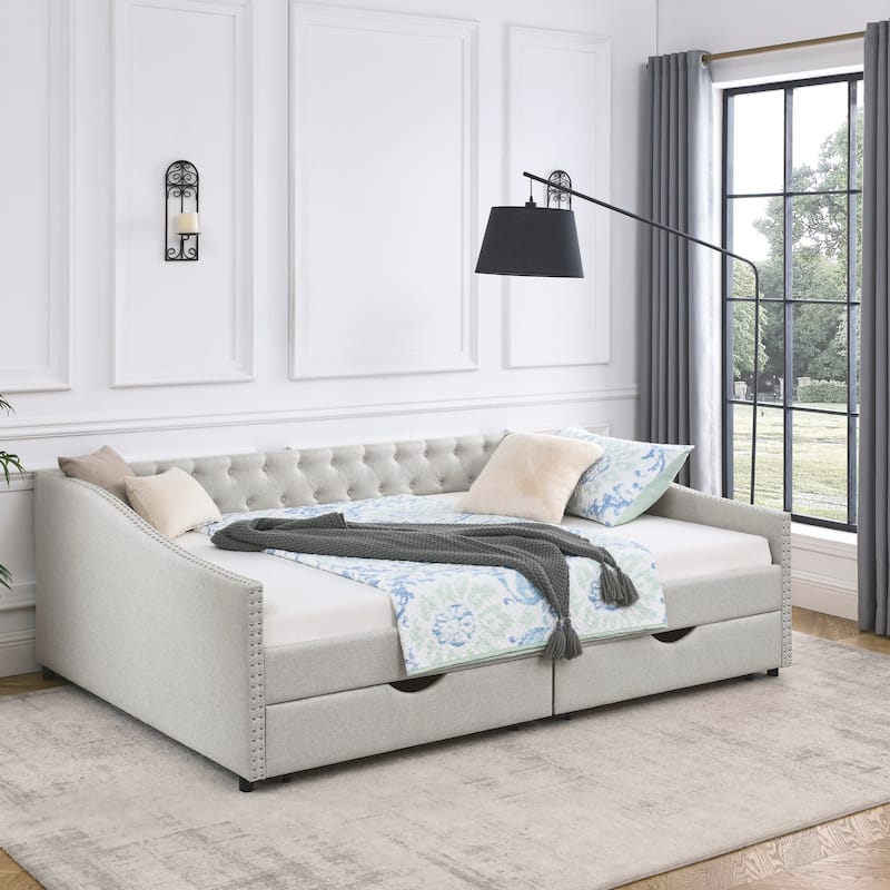 2 in 1 Pull Out Couch Bed Queen Size Daybed with Drawers Upholstered Tufted Sofa Bed,with Button on Back and Copper Nail
