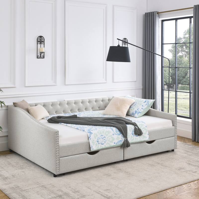 Queen Size Linen Upholstered Daybed Frame with 2 Drawers & Tufted Backrest