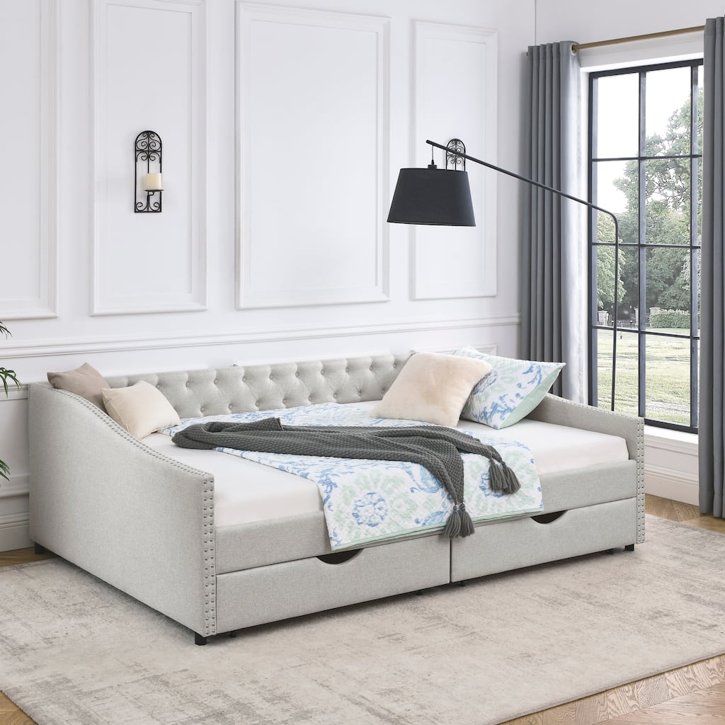Upholstered Sofa Bed Beige Queen Daybed with Drawers & Nailhead Trim