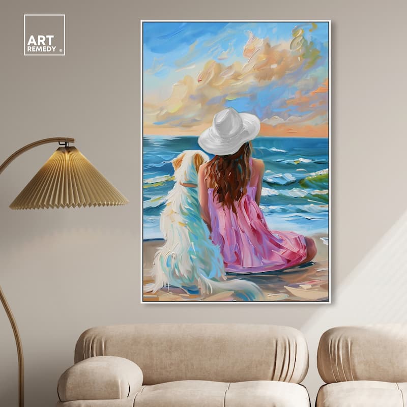 Art Remedy Girl And Her Best Friend Framed Colorful Coastal 1 Piece Canvas Wall Art