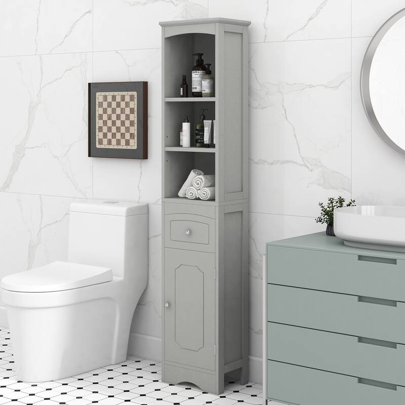 Bathroom Storage Cabinet with Drawer, Open Shelves and Adjustable Shelf, Tall Cabinet with Curved Line Top and Bottom Pane - Grey