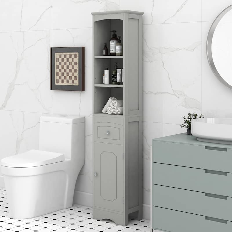 Tall Bathroom Storage Cabinet Grey Skinny Storing Unit Freestanding Linen Cabinet with Drawer and 5 Adjustable Shelves