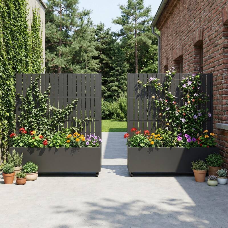 Outdoor Metal Planter Box Raised Garden Beds with Trellis (Set of 2)