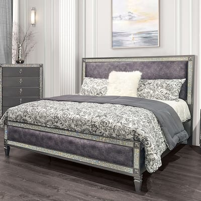 Furniture of America Welen Glam Grey Wood Panel Bed with Padded Headboard and Footboard
