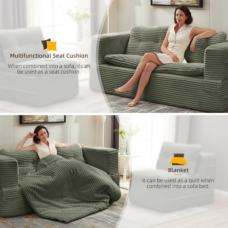 Sleeper Sofa with Chaise Lounge, Convertible Sectional Couch Bed, Corduroy 3-Seat Sofa, Folding Boneless Couch