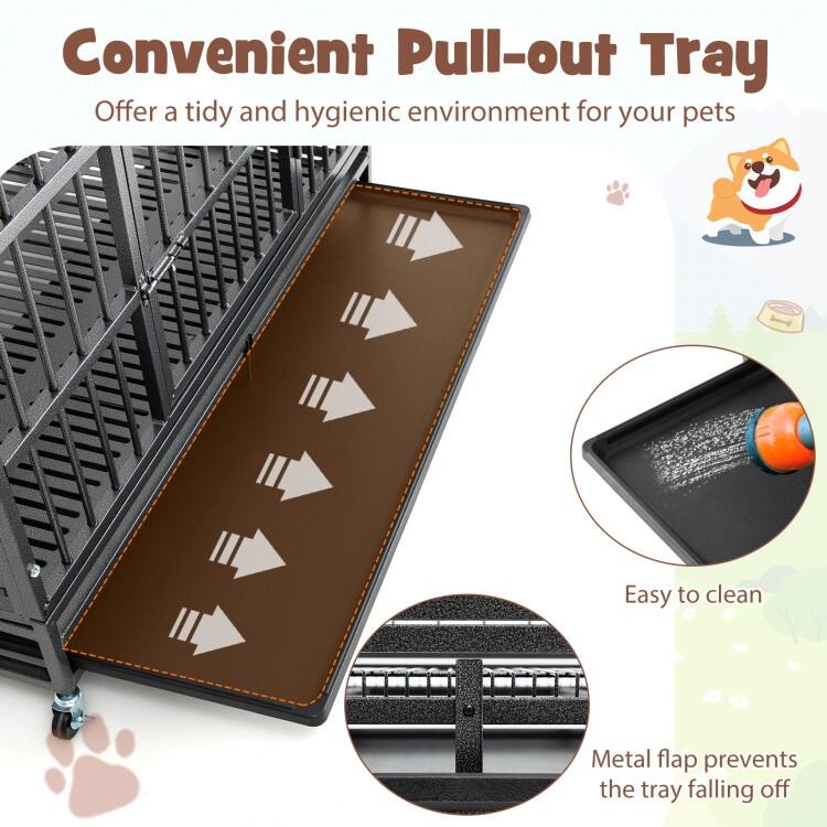 Foldable Heavy-Duty Metal Dog Cage with Lockable Rolling Casters and Tray