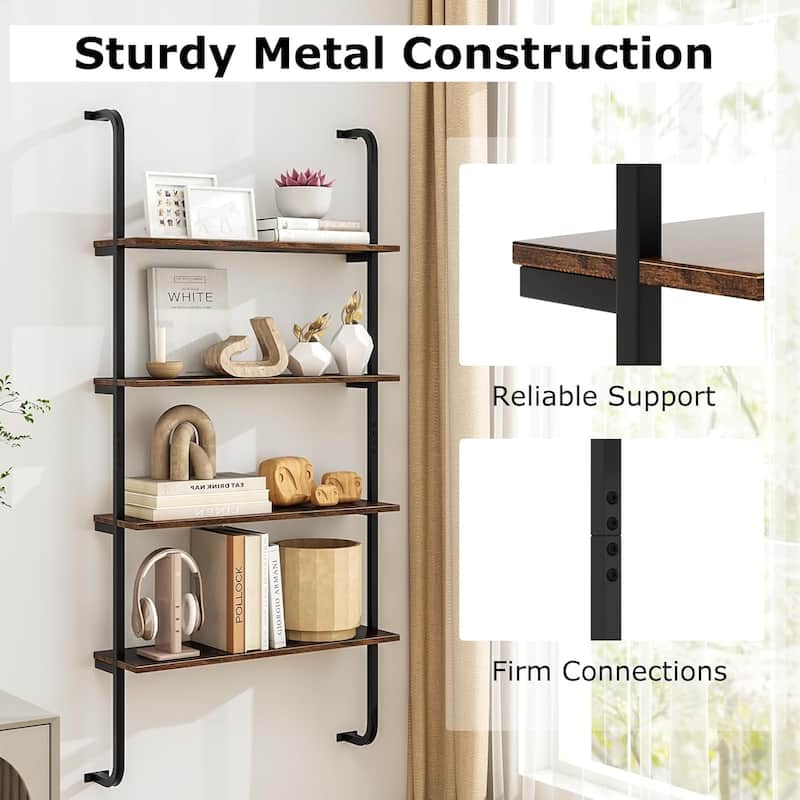Set of 1/2 Wall Mounted Pipe Shelving Unit 4-Tier Ladder Bookshelf