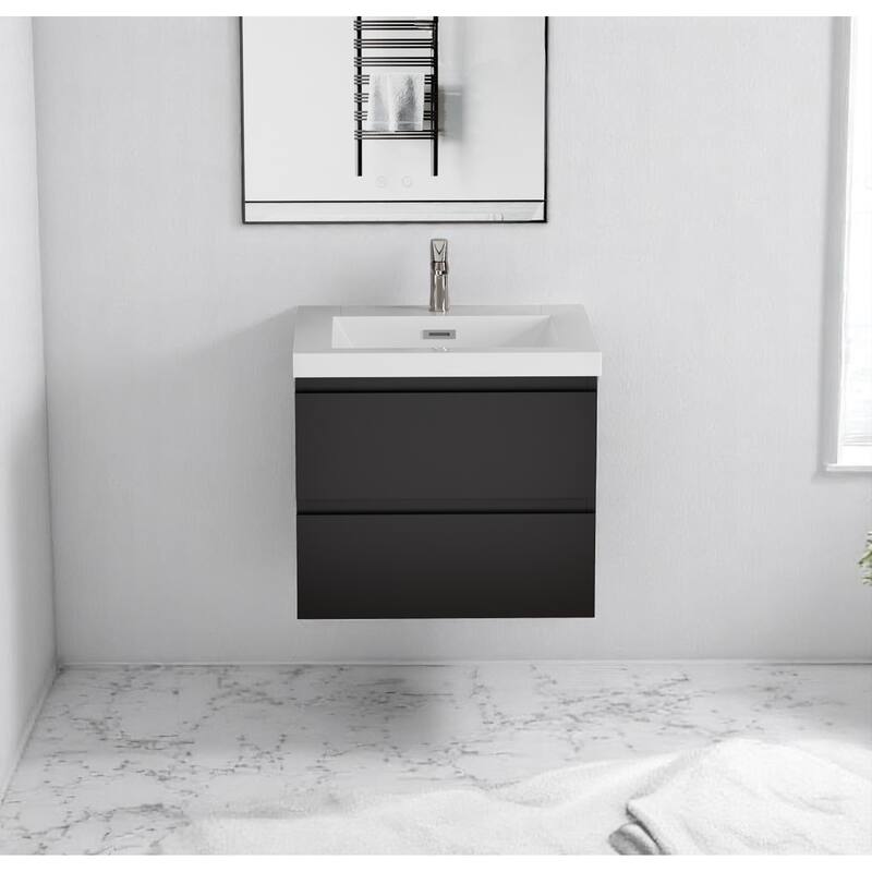 30" Floating Bathroom Vanity with Sink, Modern Wall-Mounted Cabinet, Resin Countertop, Soft Close Drawers - Black