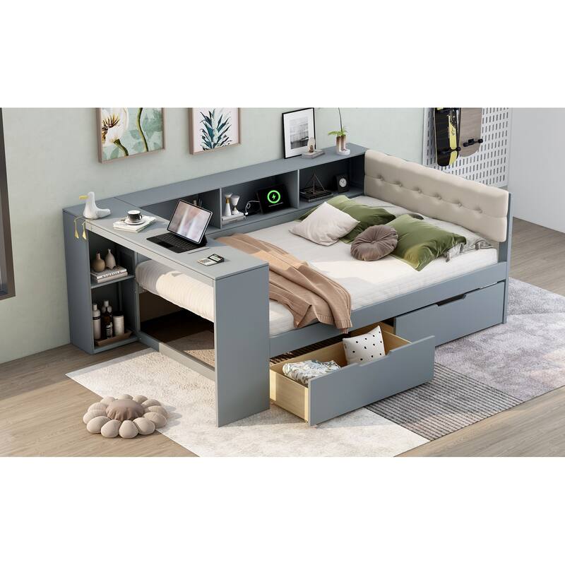 Wood Full Size Platform Bed with Upholstered Headboard, Storage Shelves & Charging Station for Small Space, Apartment