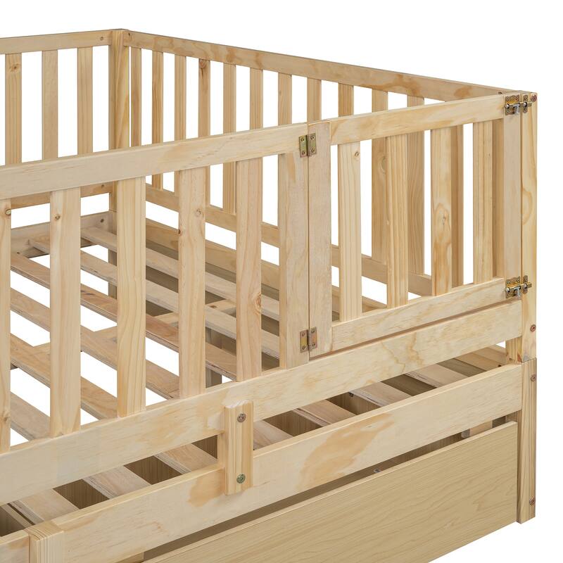 Pine Wood Daybed Floor Bed Frame with Fence Guardrails and 2 Drawers, Converts into Two Individual Beds, No Box Spring Needed