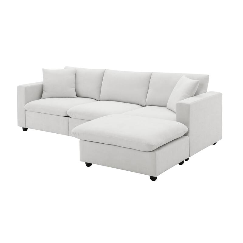 L-shaped Couch Set with 2 Free pillows,4-seat Polyester Fabric Couch Set with Convertible Ottoman for Living Room, Apartment