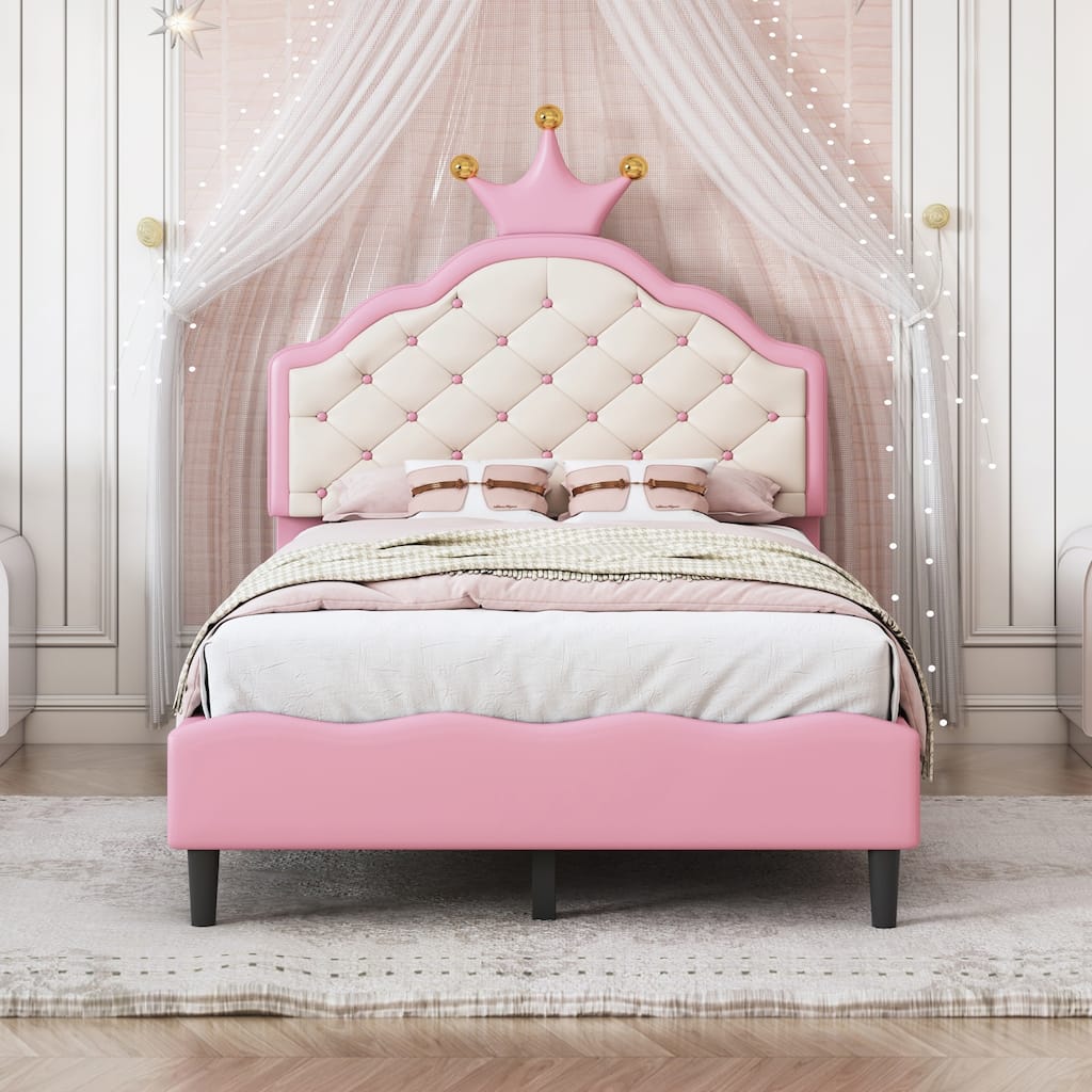 PU Leather Princess Bed with Tufted Headboard
