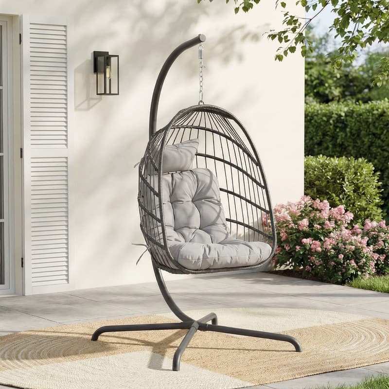 Oversized Wicker Hanging Egg Chair with Stand, Outdoor Indoor Swing Chair with Cushion, 350 lb Capacity - Light Grey