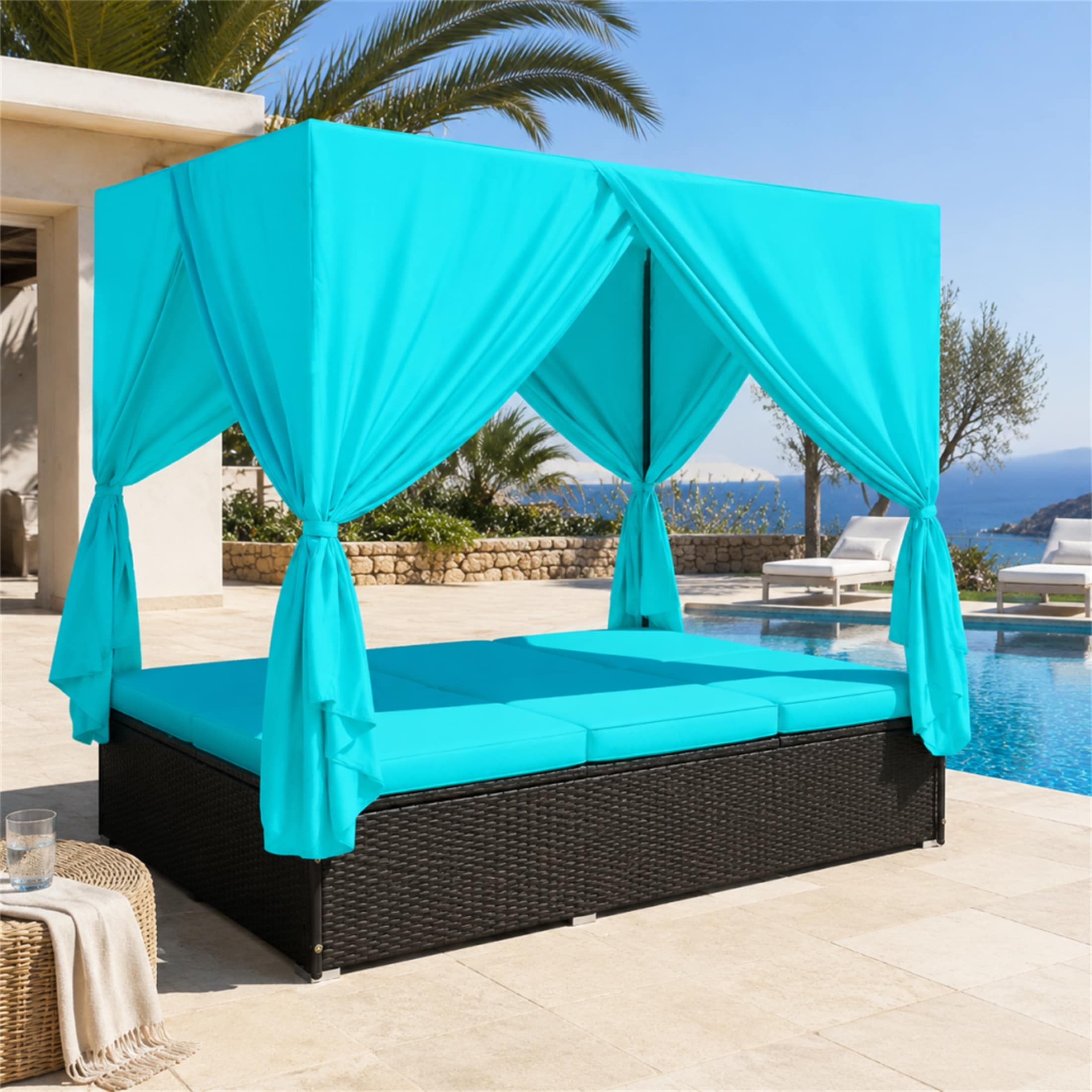 Outdoor Double Chaise Lounge Daybed with Curtains