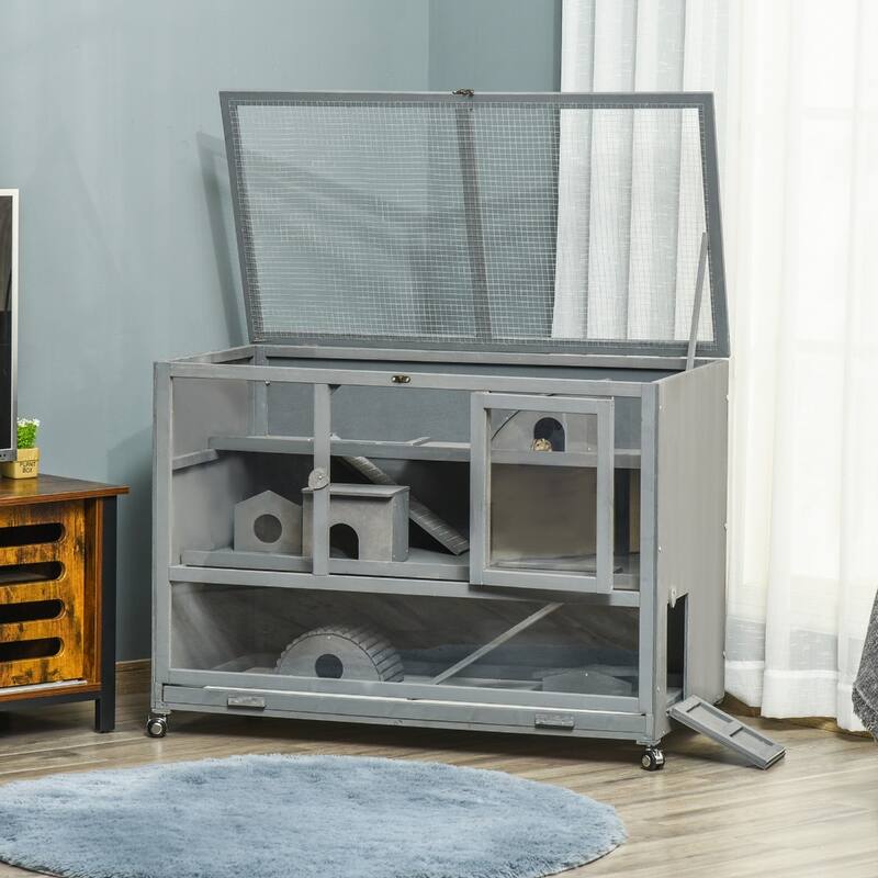 Slate Grey Fir Wood Hamster Cage 3-Tier with Plexiglass and Wheels - 43.25" L x 23.5" W x 31.5" H - Slat Grey