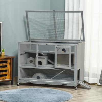 Slate Grey Fir Wood Hamster Cage 3-Tier with Plexiglass and Wheels - 43.25" L x 23.5" W x 31.5" H
