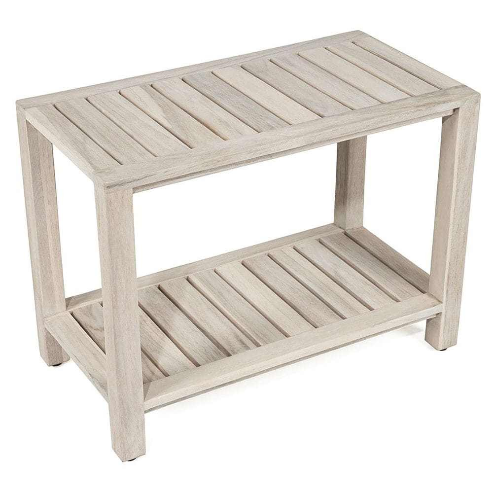 TeakCraft Gray Teak Shower Bench with Shelf 24 Inch - Fully Assembled, Rustic Gray Finish, The LUNI