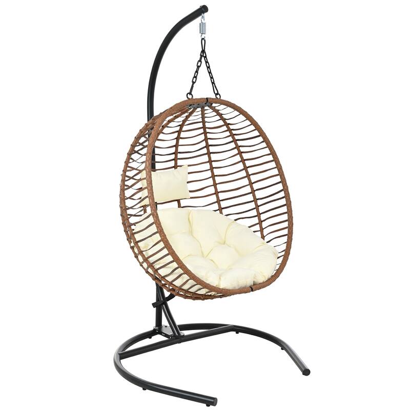 Roomfitters Single Person Folding Egg Chair with Stand, UV Resistant Wicker Rattan Swing for Patio, Garden