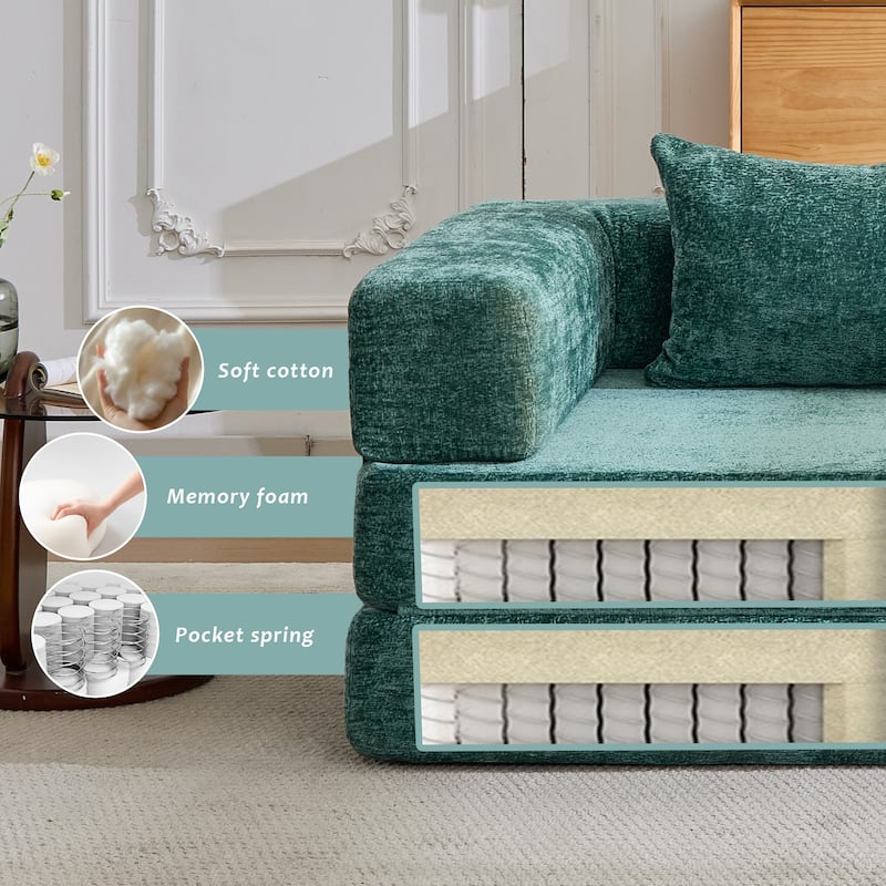 Convertible Floor Sofa Bed - Fixed Frame Chenille Loveseat, Modular Sectional, No Assembly Required