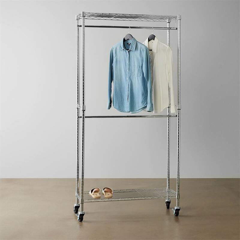 Double Hanging Rod Garment Rolling Closet Organizer Rack