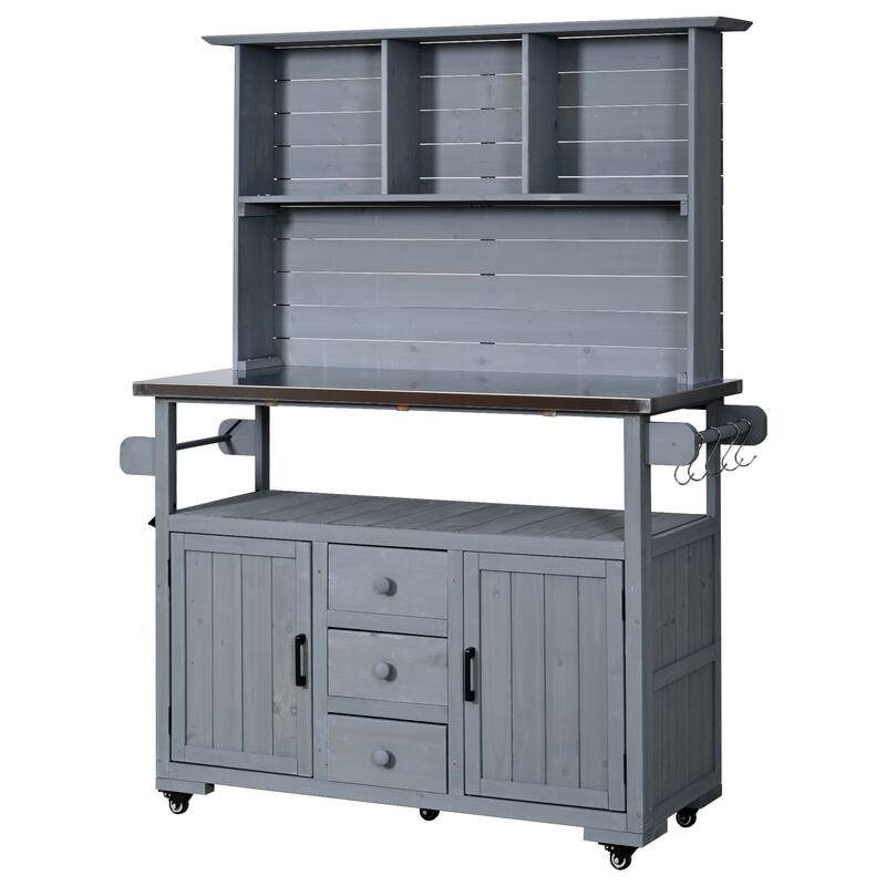 65" Outdoor Potting Bench with Stainless Steel Top, Rolling Garden Workstation with Hutch & Storage
