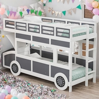 Bus-shaped Twin over Twin Bunk Bed with Wheels and Storage, Space-saving, Sturdy Construction & Safety Guaranteed, Gray+White