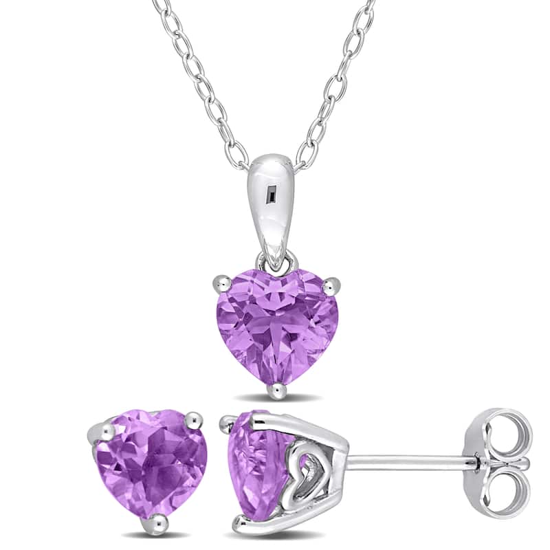 Miadora 2 1/10ct TGW Heart-Shape Amethyst Set of Necklace and Earrings in Sterling Silver