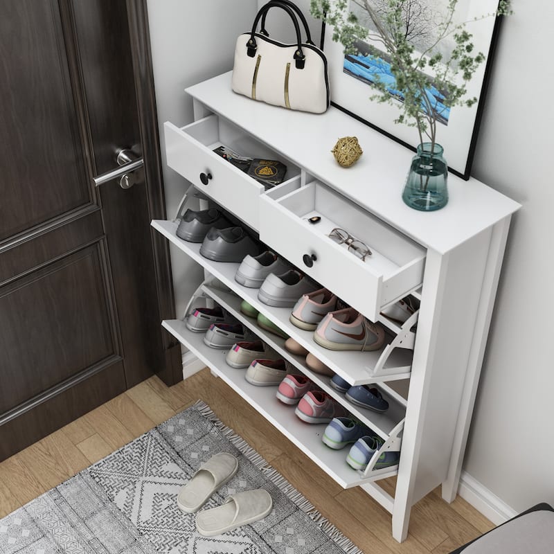 Timechee 34"W x 9"D Shoe Storage Cabinet Fold Out Drawer Space Saving
