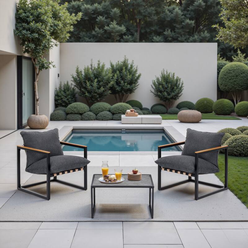 3 Piece Patio Furniture Seating Coffee Table Armchair With Cushions - Grey