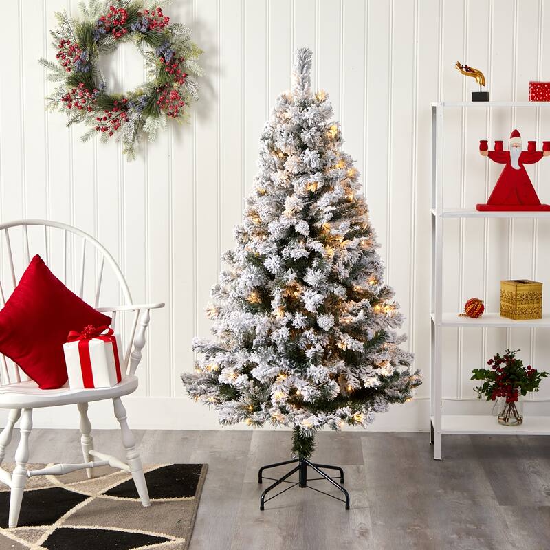 5ft Pre-Lit Artificial Christmas Tree - Flocked Frosted Fir with Stand & 150 Lights - Holiday Decor - White - 26