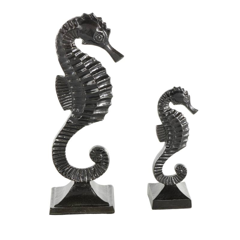 Black Aluminum Metal Sea Horse Decorative Sculpture with Square Bases (Set of 2)