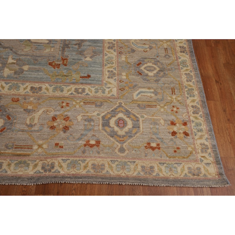 Geometric Gray Oushak Turkish Large Area Rug Hand-Knotted Wool Carpet - 12'1"x 14'6"