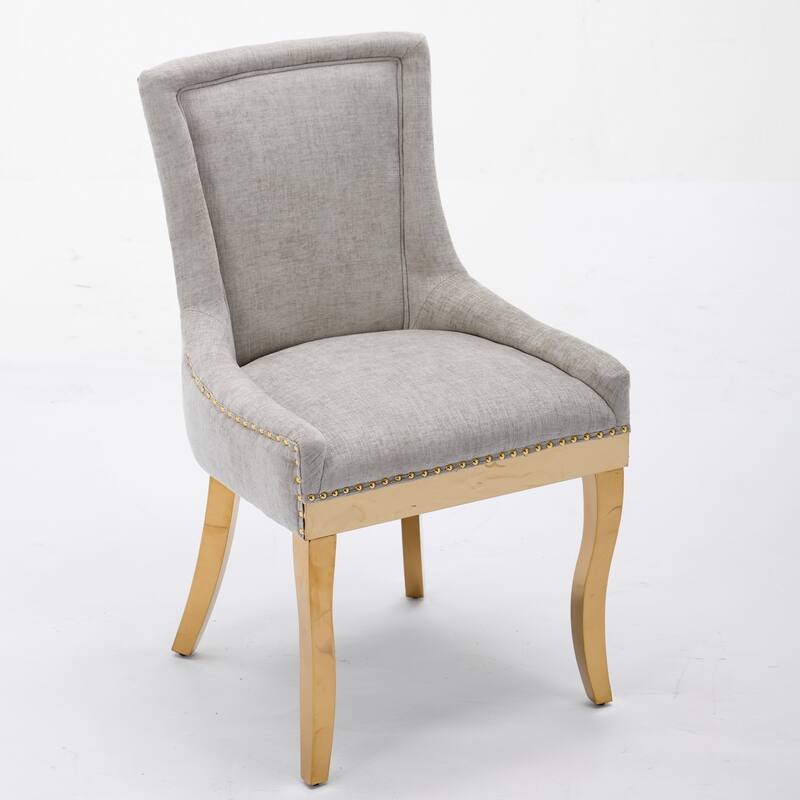 Chenille Dining Chairs, with Curved Gold - Plated Legs & Rivet Trim, Accent Seating with Textured Fabric, Set of 2