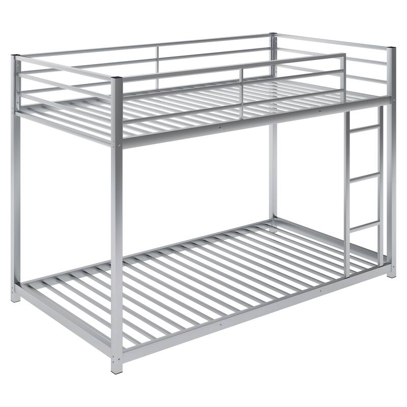 Modern Full Size Low Bunk Bed, Sturdy Metal Frame with Ladder - Silver