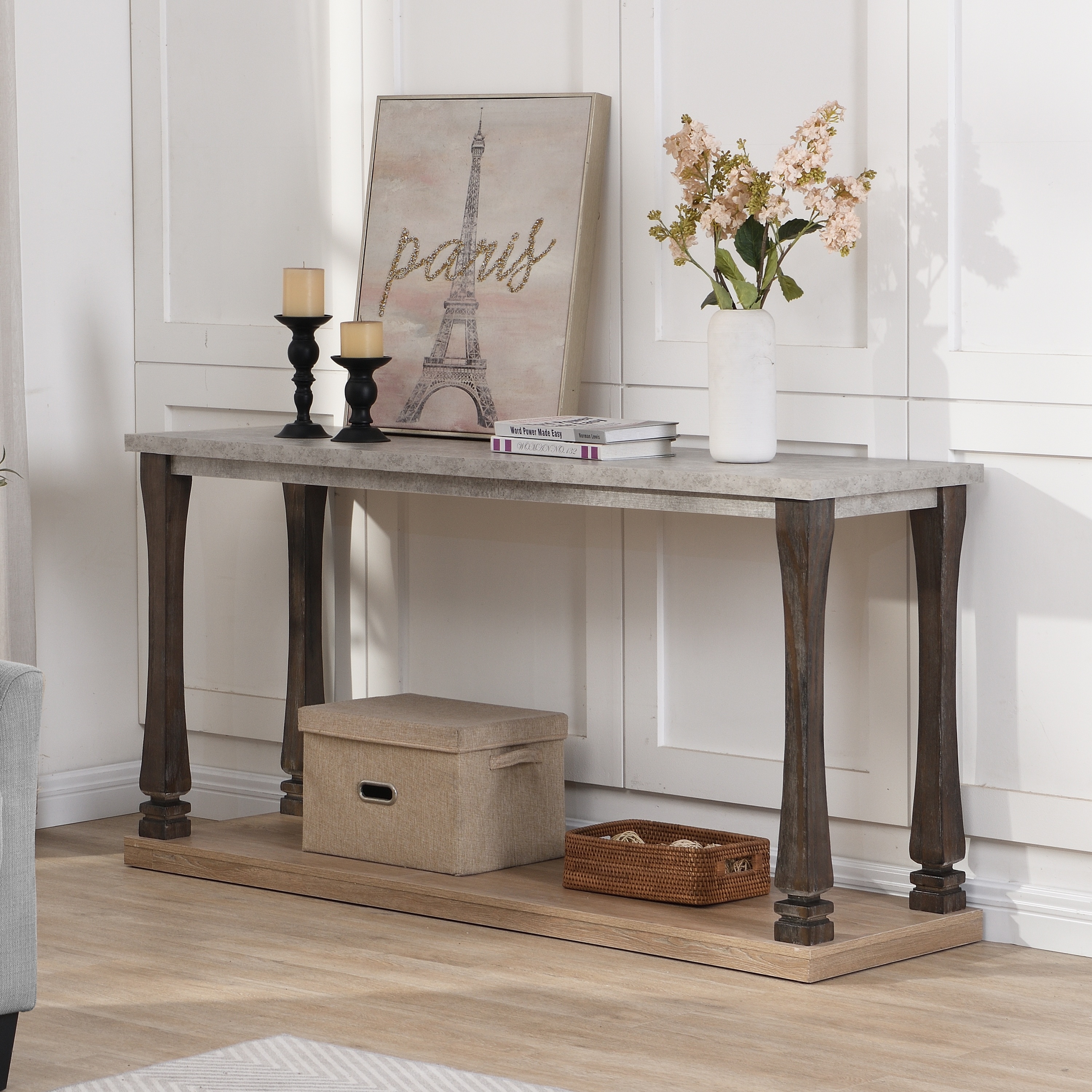 60 Rectangle Console Table for Livingroom Entryway Table Antique Wood Long Sofa Table with 2 Tier Shelf Light Grey Natural Bed Bath Beyond 40585839