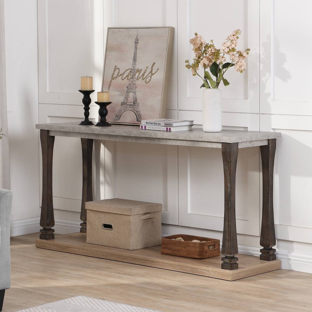 60" Console Table Wood Sofa Table w/ Storage Shelf, Light Grey+Natural