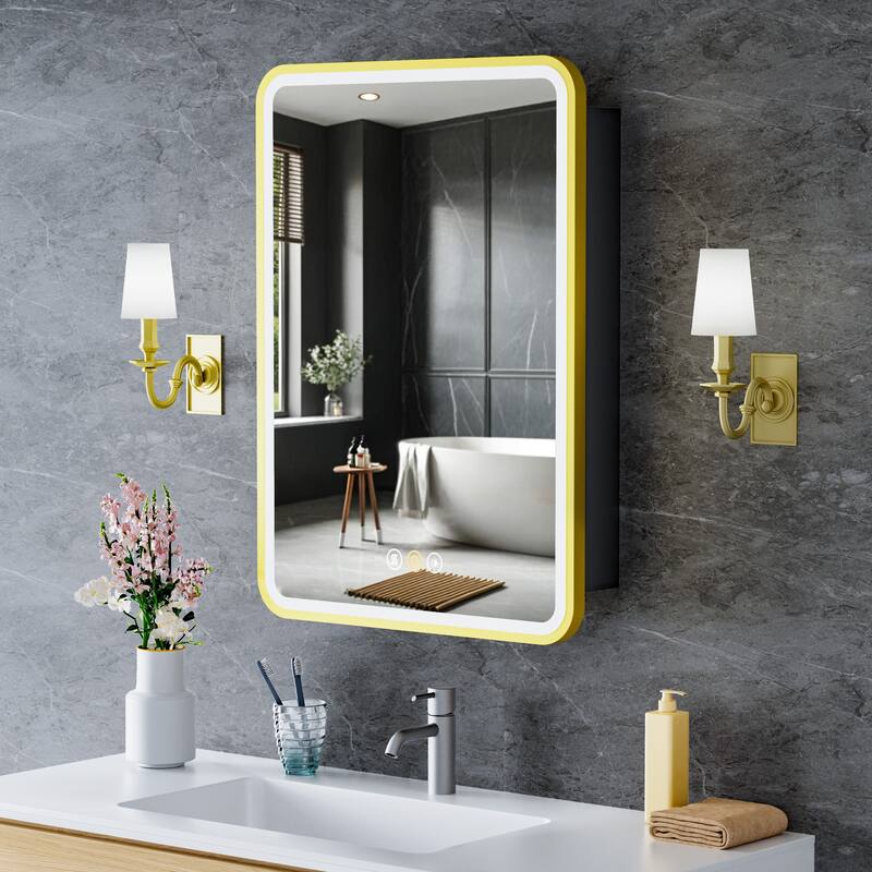 Aris Recessed/Surface Mount Bathroom Medicine Cabinet with Mirror and Lights, Dimmable, Adjustable Shelves, Fast Defogging - 16x28-Right Door - Gold