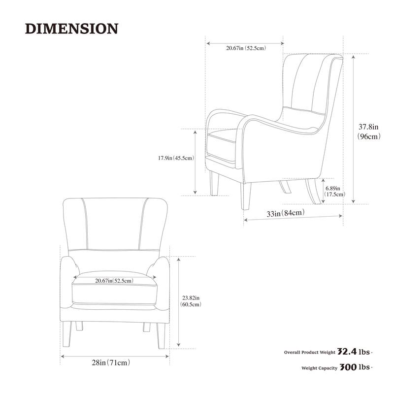 28"W PU High Back Upholstered Accent Chair, Retro Wingback Arm Chair ,Single Sofa Bedroom Reading Seat with Solid Wood Legs