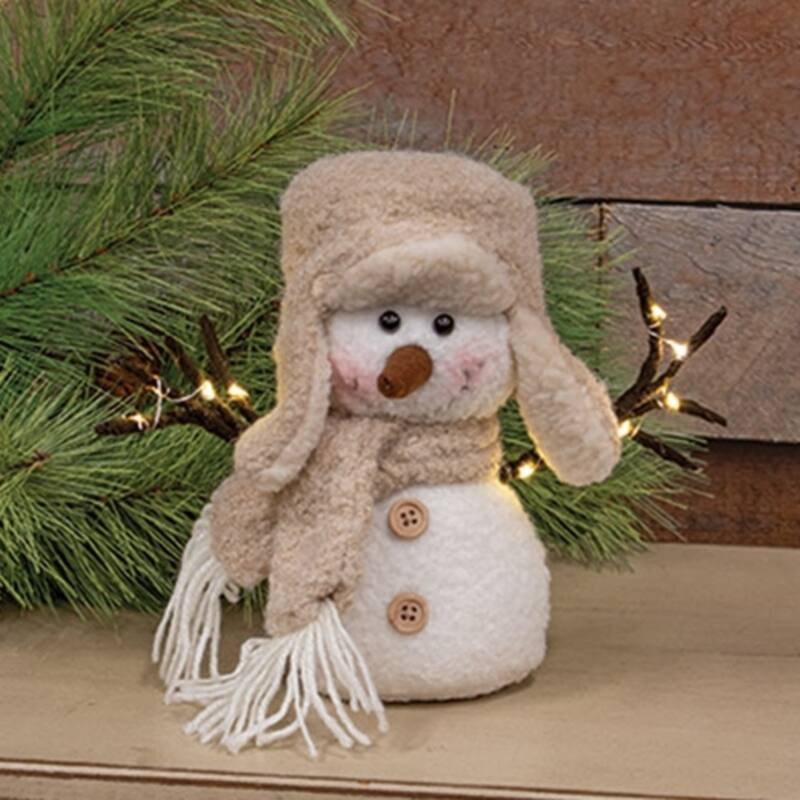 Fuzzy Plush Trapper Hat LED Snowman with Arms Christmas Decor - 3.50” x 3.50” x 8”
