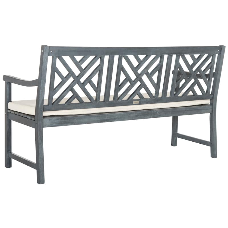 SAFAVIEH Outdoor Genara Solid Wood 3-Seat Bench with Cushion - 23Wx61Dx35H