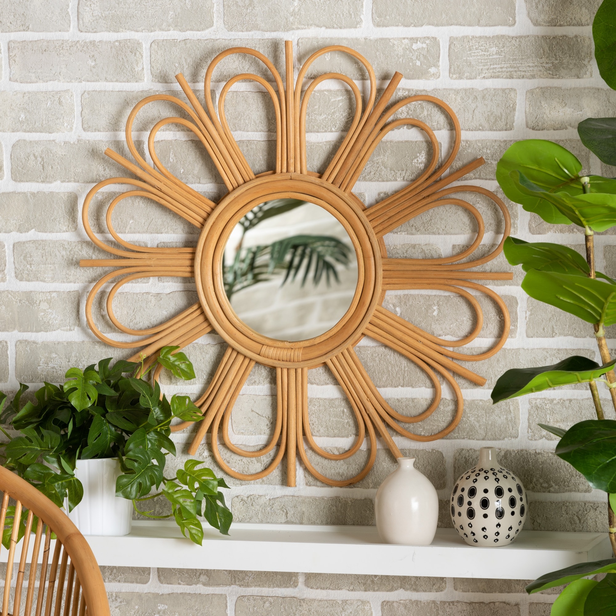 Sakura Modern Bohemian Natural Rattan Accent Wall Mirror - Natural