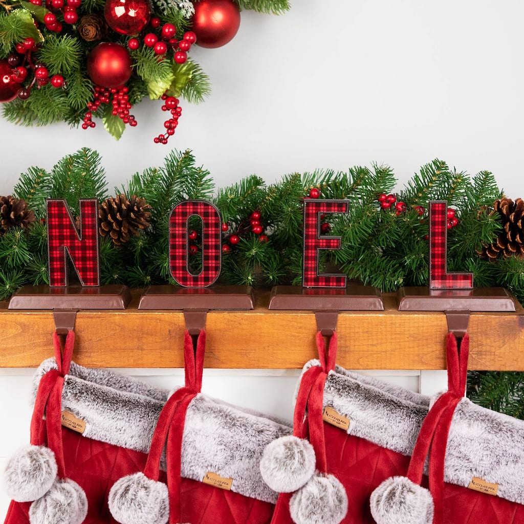 Noel Plaid Christmas Stocking Holders - 6" - Red and Black - Set of 4