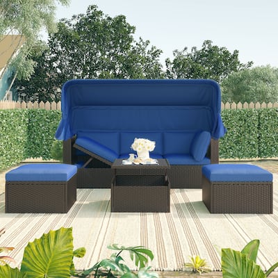 Outdoor 4-Piece Rattan Daybed Sunbed Set with Canopy & Adjustable Seat