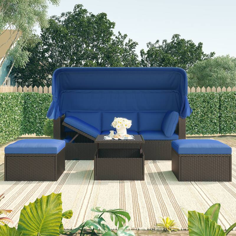 Outdoor Patio Daybed with Retractable Canopy and Washable Cushions