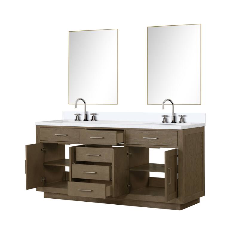 Abbey 60 in W x 22 in D Black Oak Double Bath Vanity, Cultured Marble Top, Faucet Set, and 28 in Mirrors